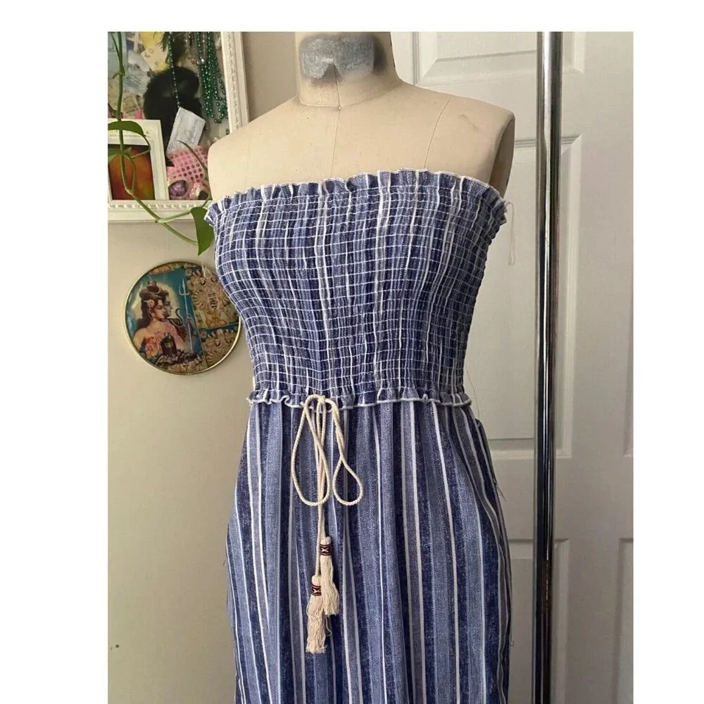 NORDSTROM Gauze Seersucker Strapless Denim Stripe JUMPSUIT Romper *X-SMALL* - Picture 2 of 6
